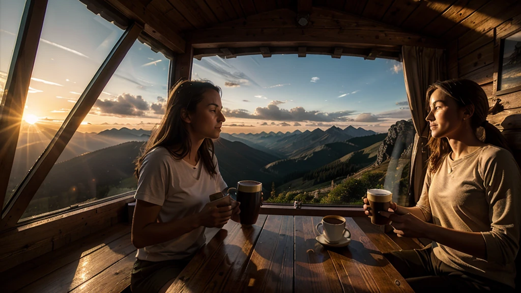 beautiful sunrise in a hiking hut with a cup of coffee