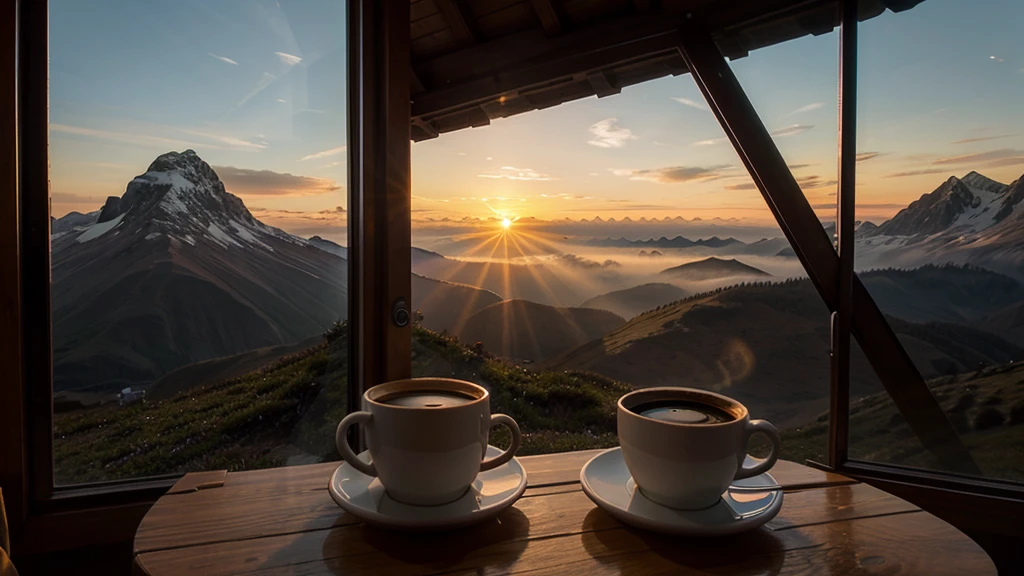 beautiful sunrise in a hiking hut with a cup of coffee