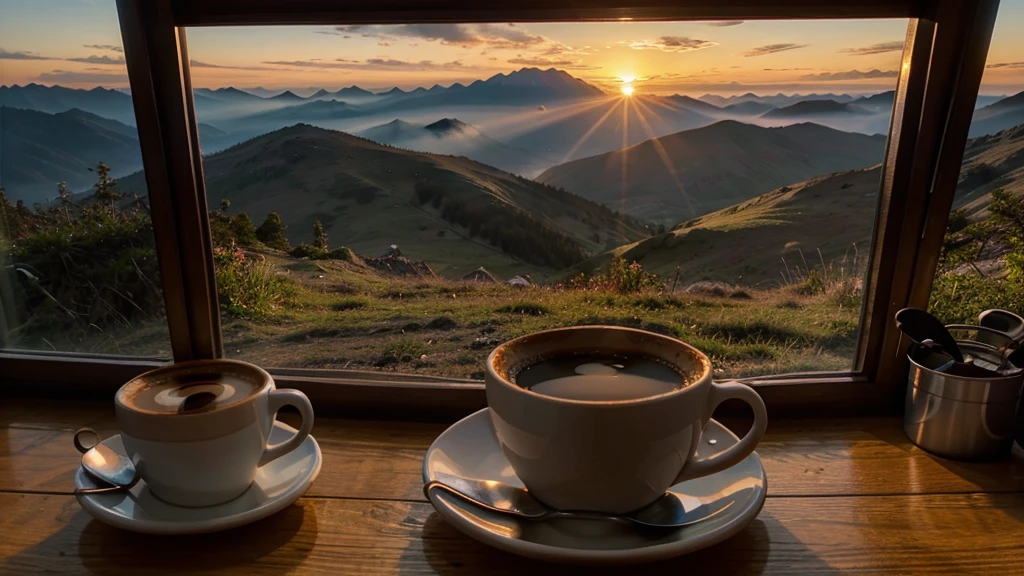 beautiful sunrise in a hiking hut with a cup of coffee