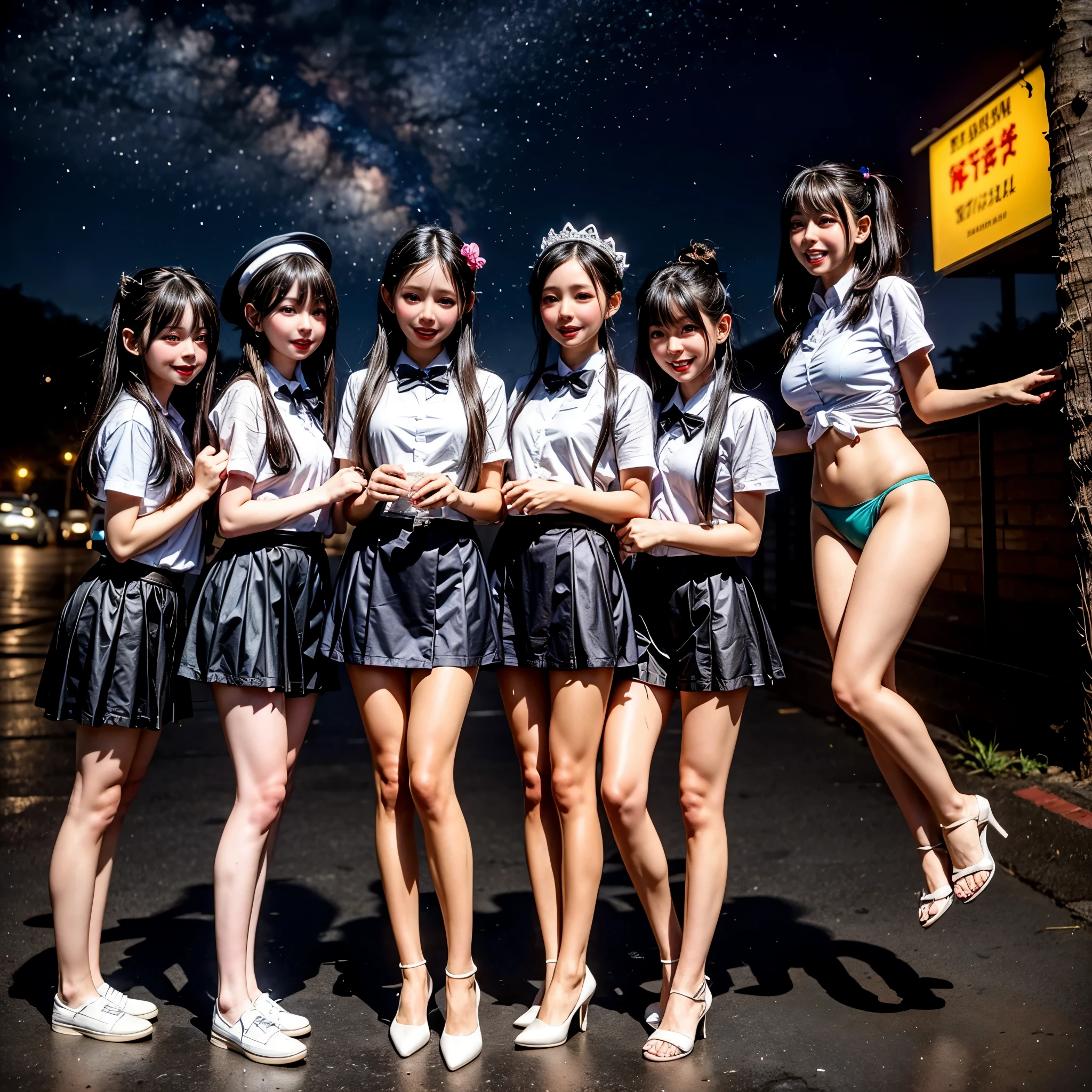 Masterpiece of ProfessionalPhoto ((ExtremelyDetailed (12 PICHIPICHI KAWAII Girls Floating in The Air in a row:1.37) in WHITE at Dusk Enoshima Beach)), {(Standing Full Body:1.2)|(from below:1.2)|Detailed KAWAII face}, Different types of hair colors, {(skinny(school swimwear))|(SchoolUniform)with Tiny AthleticShorts}, {(Corrected Childish hand)|Hidden hand|Different types of breasts|(Clearly Visible the shape of Butt)}, Joyful Expressions LifeLike Rendering, PerfectLighting, (Dazzling Horizon Visible through ThighGap), (Starry IridescentParticles:1.22) ColorfulClouds