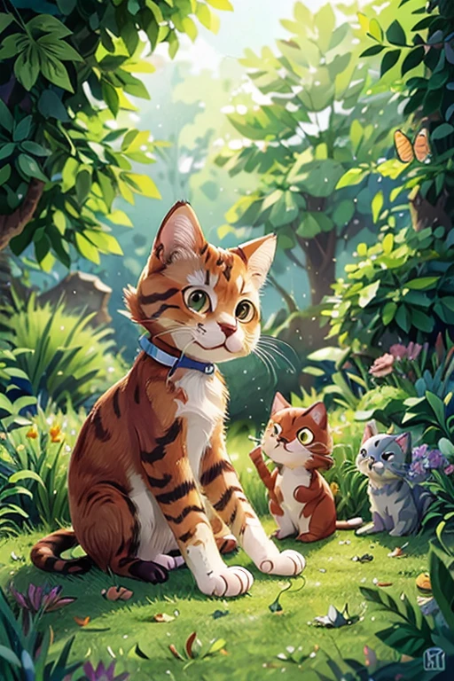 Draw an adorable cat for a children's coloring book. The cat should be sitting gracefully, with its body turned slightly to the left and its head facing forward, looking directly at the viewer with large, expressive, bright eyes. Its fur is short and smooth, with delicate stripe patterns, typical of a tabby cat. His ears are pointed and attentive, facing forward. The nose is small and triangular, with a smooth contour.
The cat's eyes are large and rounded, with dilated pupils, conveying a friendly and curious expression. The mouth is slightly open, showing a friendly smile, and there are small thin whiskers that extend out of the snout.
The cat's body is slender and elegant, with a long, sinuous tail that is curled around the front paws. The paws are proportional, with small toes and retracted nails. Each paw has pad details, making the drawing more interesting to color.
The scenery around the cat includes a small ball of yarn at its feet, a vase of flowers in the background and butterflies flying around, adding charming, interactive elements for children to color. The background is simple, with soft lines that represent a garden, including some flowers and leaves, giving a natural touch to the cat's environment.
This image must be drawn with clear, defined lines, providing adequate space for children to color easily.