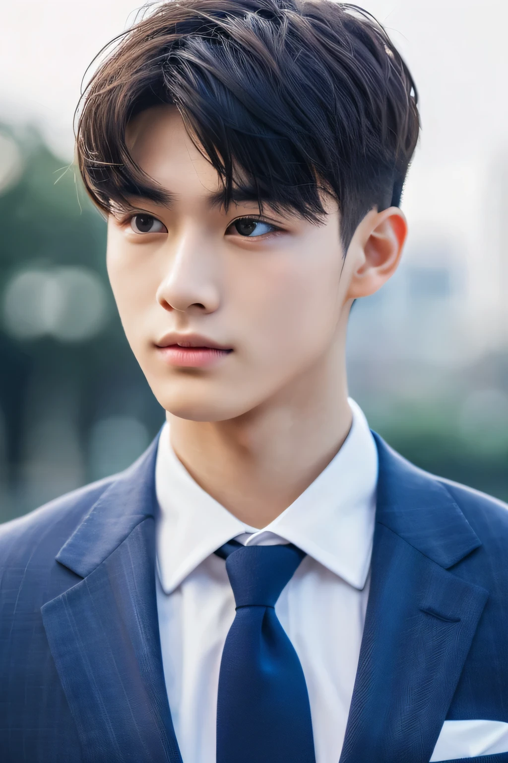 Highest quality, masterpiece, Ultra-high resolution, (Realistic: 1.4), Original photo, wallpaper, Head Photo, skin, Simple Background, Iris, detailed, Selfie, 1 boy, 18-year-old, good looking, Wind,Navy blue suit