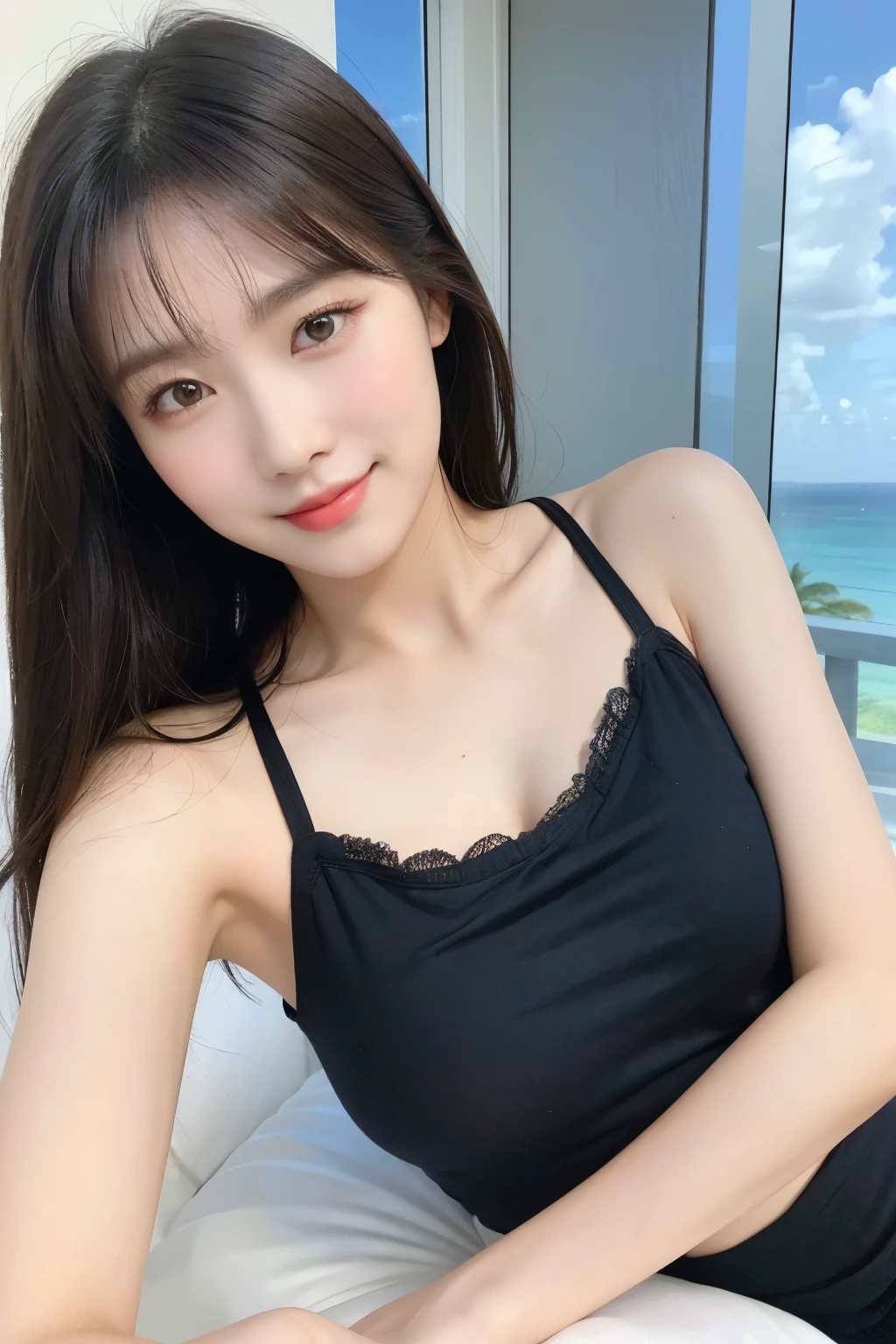 (Realistic, High Resolution: 1.3), 1 Girl with Perfect Body, H1-KEY HWISEO, 42 years old, ((h1-key hwiseo)), Create a picture of a young woman with long dark hair lying in bed。She is wearing a black top with a lace design.、Close your eyes and smile gently、He looks relaxed.。There is a large window in the background.、A view of the ocean and clear blue skies、It reminds me of a peaceful, sunny day.。
