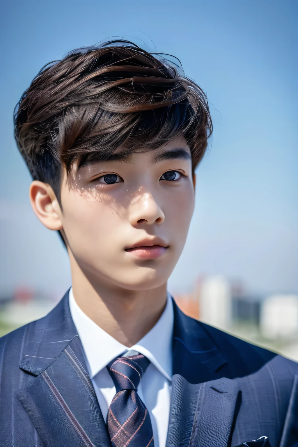 Highest quality, masterpiece, Ultra-high resolution, (Realistic: 1.4), Original photo, wallpaper, Head Photo, skin, Simple Background, Iris, detailed, Selfie, 1 boy, 18-year-old, good looking, Wind,Navy blue suit