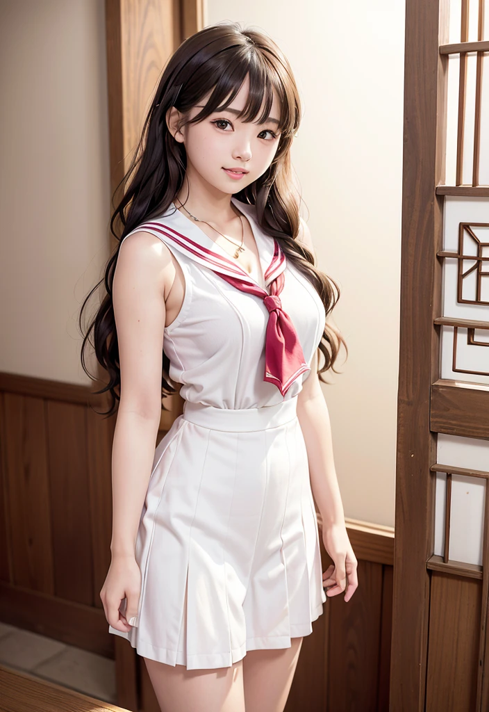 (Highest quality,masterpiece:1.3,Ultra-high resolution),(Very detailed、Caustics) (Realistic:1.4, RAW shooting、)Ultra-Realistic Capture、Very detailed、Natural skin texture、masterpiece、(Japanese girl wearing junior high school sailor uniform:1.3)、Adorable expression、Expressions of happiness、14 years old、Young Face、Amazingly cute、Twin tails、Curly Hair、Black Hair、Scrunchie、necklace、Bare arms、light makeup、小さい breasts、Shining Breasts、Shining thighs、Filmed in a private room at a sex shop、The scene when he entered the room、A pose that emphasizes the chest、smile、An inviting gaze、Full body photo、Anatomically correct、Attention to detail、