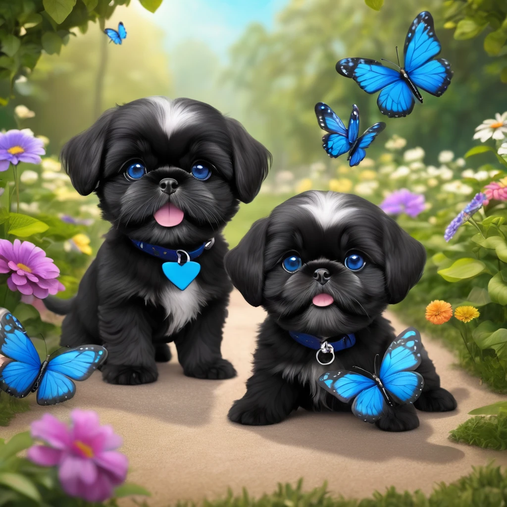 2 adorable small shih black shih tzu puppies wearing blue collars with bright blue eyes playing in park butterflies and flowes in background 3D Pixar style
