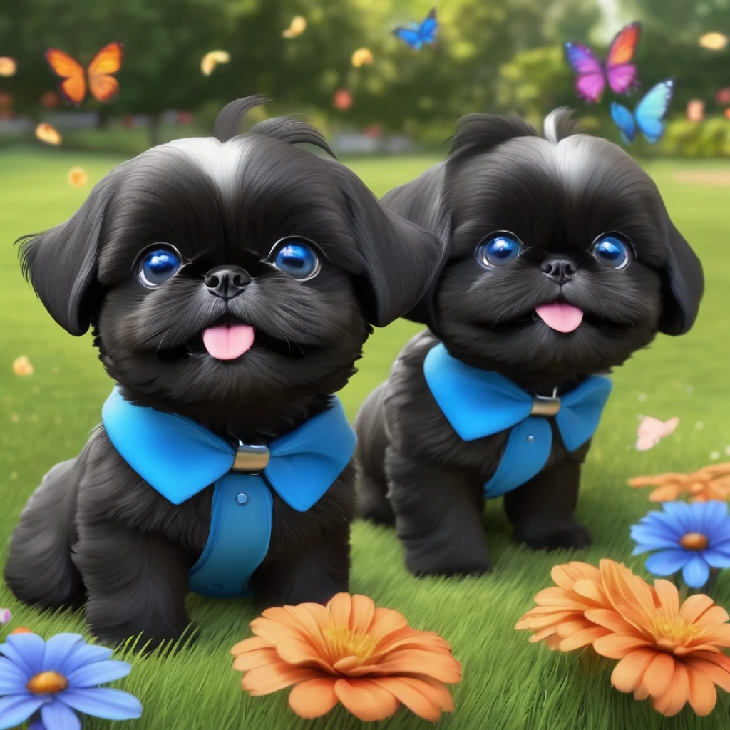 2 adorable small shih black shih tzu puppies wearing blue collars with bright blue eyes playing in park butterflies and flowes in background 3D Pixar style