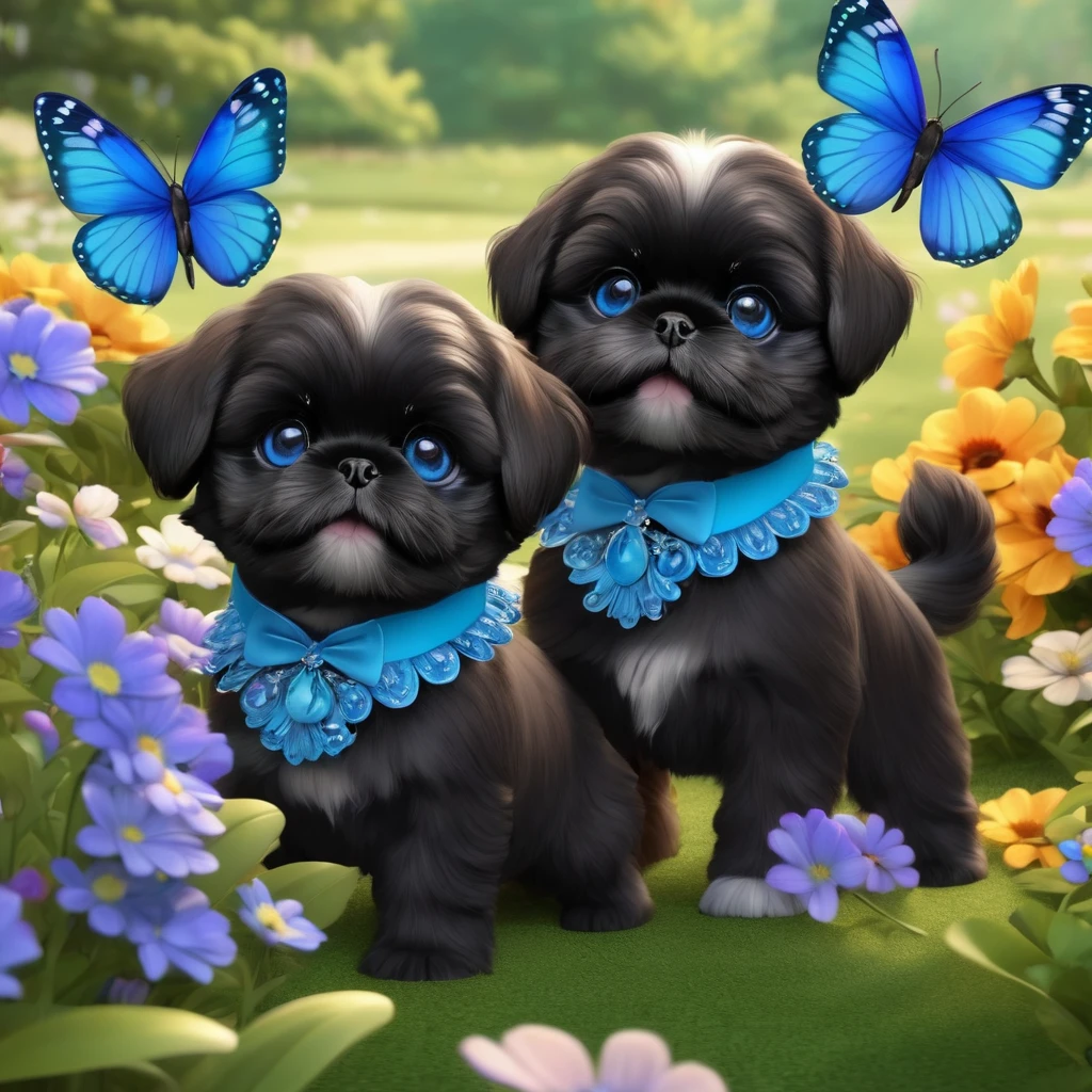 2 adorable small shih black shih tzu puppies wearing blue collars with bright blue eyes playing in park butterflies and flowes in background 3D Pixar style