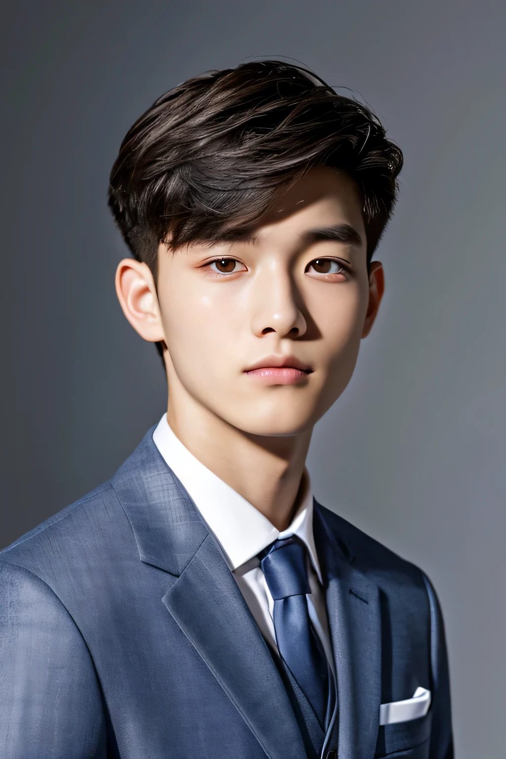 Highest quality, masterpiece, Ultra-high resolution, (Realistic: 1.4), Original photo, wallpaper, Head Photo, skin, Simple Background, Iris, detailed, Selfie, 1 boy, 18-year-old, good looking, Wind,Navy blue suit