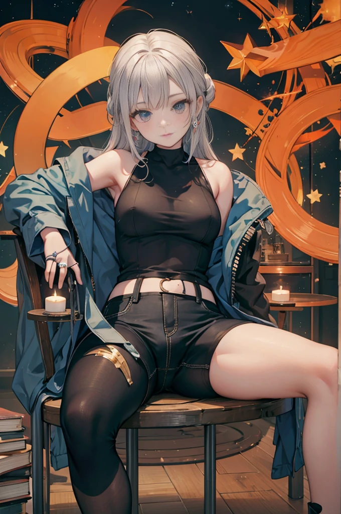 top quality, future world, State-of-the-art robot, Beautiful Woman, flying hair, Transformed into a cyborg except for the face, sexy images, whole body photo, ((Astrologer, star signs ring on table, Horoscope,candles, star signs book ))