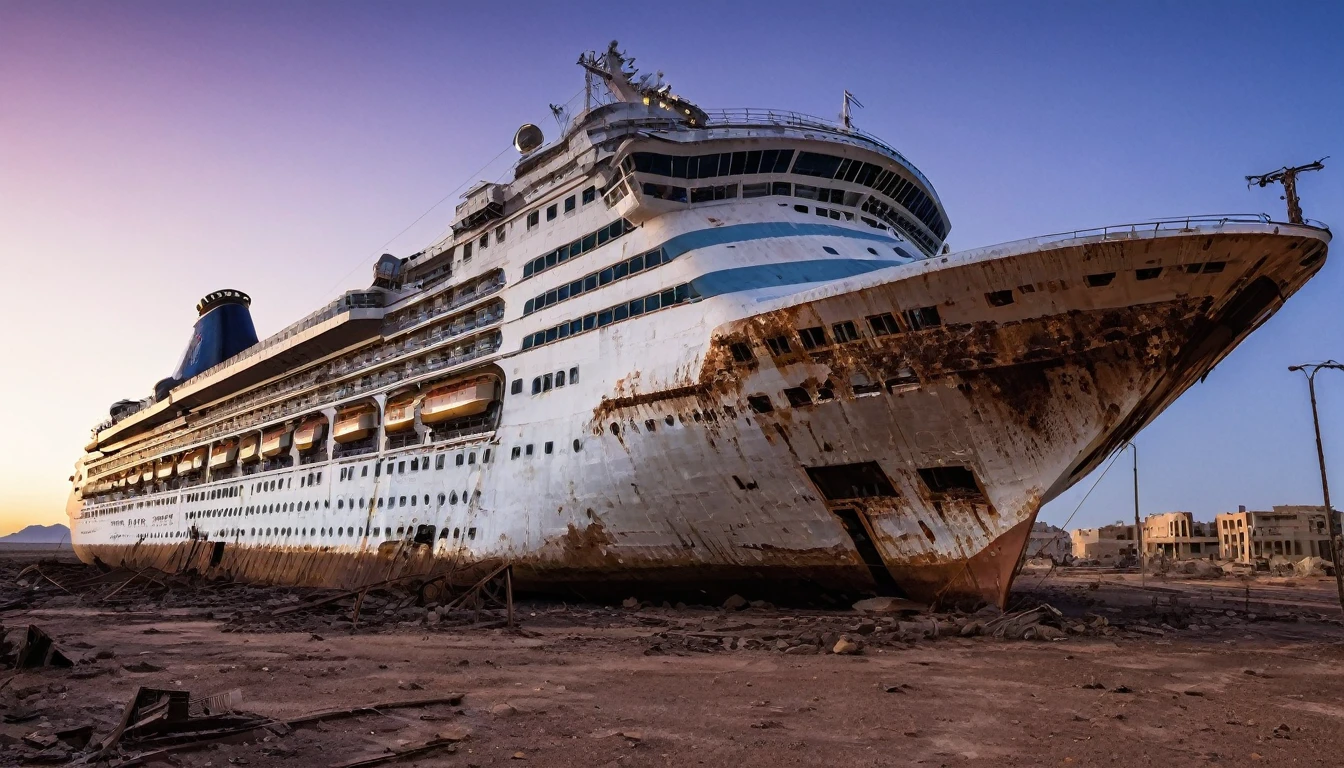 large cruise ship rusty bow abandoned in post apocalyptic desert night city buildings in the background