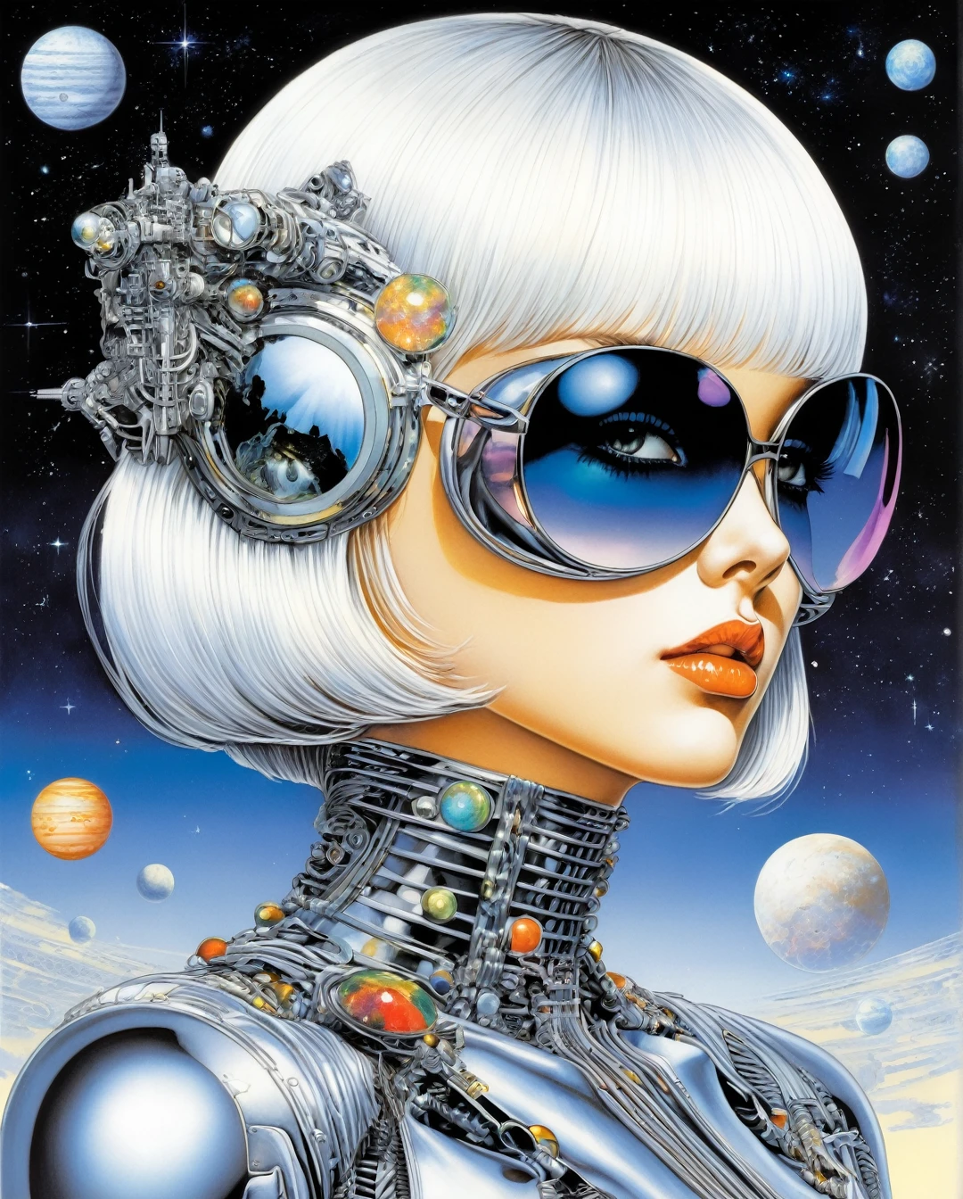 Minimalist, Art, Painting, Illustration, Ultra high details, 1990s vibes, Art style by H. R. Giger, Art style by Luis Royo, Art style by Chris Foss, (Masterpiece, Top Quality, Super Detail, High Resolution, Best Illustration), This 90s anime illustration features a blonde pin-up girl wearing kaleidoscopic sunglasses that reflect a vast space galaxy full of stars and planets within its lenses. The pin-up has a white bob haircut and exudes a far-out aesthetic with a superrealism appeal. The illustration has a symmetrical composition created by Hajime Sorayama, with a colour scheme influenced by Lisa Frank. The artwork exudes a sense of futuristic, psychedelic beauty that captures the essence of 90s pop culture and anime