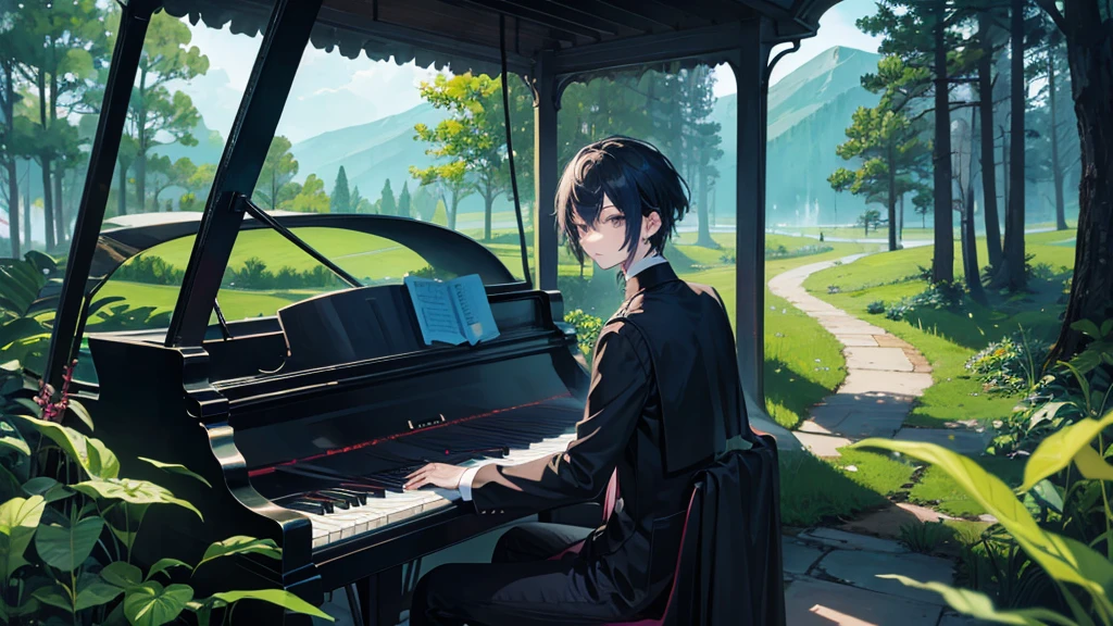 gothic boy playing the piano in a psychedelic landscape alone 