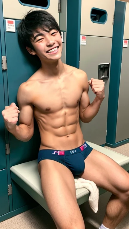 Japanese men、、Muscles and smooth skin、Very short black hair、A relaxed and friendly smile、Vivid colored thin boxer briefs、The whole body is well visible、Fist pump in the locker room、Laughing with mouth open、Sitting