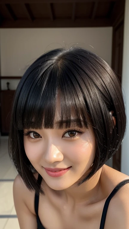 uma de uma mulher ela tem cabelo preto with bangs, Hime black haircut, ulzzang, korean, with short hair with bangs, with short hair, dilraba dilmurat, garota gótica korean cruel, white hime cut hairstyle, hair styled like bangs, with bangs, korean symmetrical ,,,,,,,,,,,, She smiles with a dimpled smile and a touch of white teeth.. The image is captured in high quality, with sharp focus and volumetric lighting that accentuates your features. The detailed, realistic skin texture resembles a masterpiece, as if it were taken with a DSLR in soft lighting. She wears light lipstick. The atmosphere is sensual and captivating, as if telling the story of a confident and attractive woman. ,generous neckline. hot sensual air