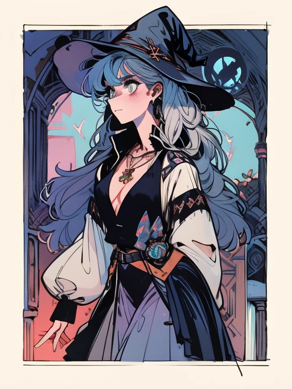 depicts a modern-day witch who has embraced the world of cybernetics to enhance her magical abilities. The artwork should convey the enchanting blend of traditional witchcraft and futuristic technology. Here are some specific elements to include: The Witch's Lair: The setting should be a cozy yet slightly eerie room, filled with magical books, crystal balls, potion ingredients, and antique furnishings. The room should be dimly lit by candles and a soft, mystical glow emanating from her cybernetic enhancements. The Cyborg Witch: The central focus of the artwork is the witch herself. She's a striking figure with a mix of traditional witch attire and cybernetic enhancements. Her clothing should have a witchy, occult aesthetic, with flowing robes, a pointed hat, and an intricate pentagram necklace. Her arms, however, have been upgraded with cybernetic components that incorporate magical symbols and glowing runes. Magical Interface: The witch is in the midst of casting a spell, with a holographic, touch-screen interface floating before her. This interface includes spell incantations, arcane symbols, and digital components, demonstrating her fusion of magic and technology. Spell Ingredients: On a nearby table, there should be a collection of spell ingredients, like herbs, potions, and magical artifacts. Some of these items may have been modified with cybernetic enhancements, blurring the line between the natural and the technological. Familiar: The witch's familiar, perhaps a cat or raven, should be present in the scene, serving as her magical companion. The familiar could also have subtle cybernetic enhancements or glowing eyes. Glowing Runes: The room should be adorned with ancient symbols and glowing runes on the walls and floor, contributing to the magical atmosphere. Aetherial Lighting: Use a combination of mystical, ethereal lighting and cybernetic glows to create a captivating interplay of light and shadow. The contrast between the tradit