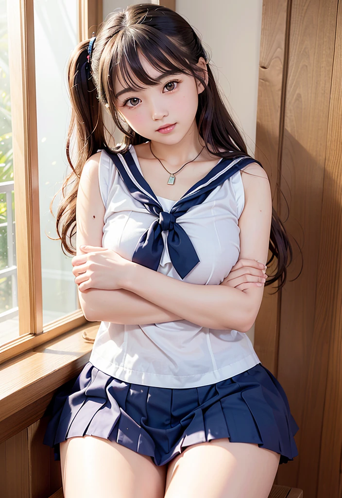 (Highest quality,masterpiece:1.3,Ultra-high resolution),(Very detailed、Caustics) (Realistic:1.4, RAW shooting、)Ultra-Realistic Capture、Very detailed、Natural skin texture、masterpiece、(Japanese girl wearing junior high school sailor uniform:1.3)、Adorable expression、Expressions of happiness、14 years old、Young Face、Amazingly cute、Twin tails、Curly Hair、Black Hair、Scrunchie、necklace、Bare arms、light makeup、小さい breasts、Shining Breasts、Shining thighs、Filmed in a private room at a sex shop、The scene when he entered the room、A pose that emphasizes the chest、smile、An inviting gaze、Full body photo、Anatomically correct、Attention to detail、