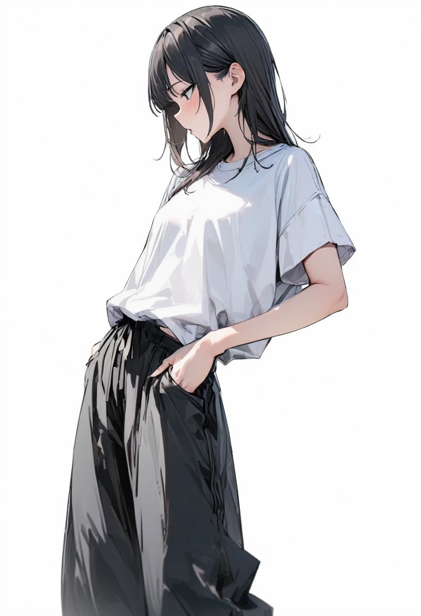 (masterpiece, Highest quality:1.2), girl, Centered、Standing posture、alone, Loose-fitting short-sleeved T-shirt, Relaxed wide pants , whole body, Simple Background, White background,