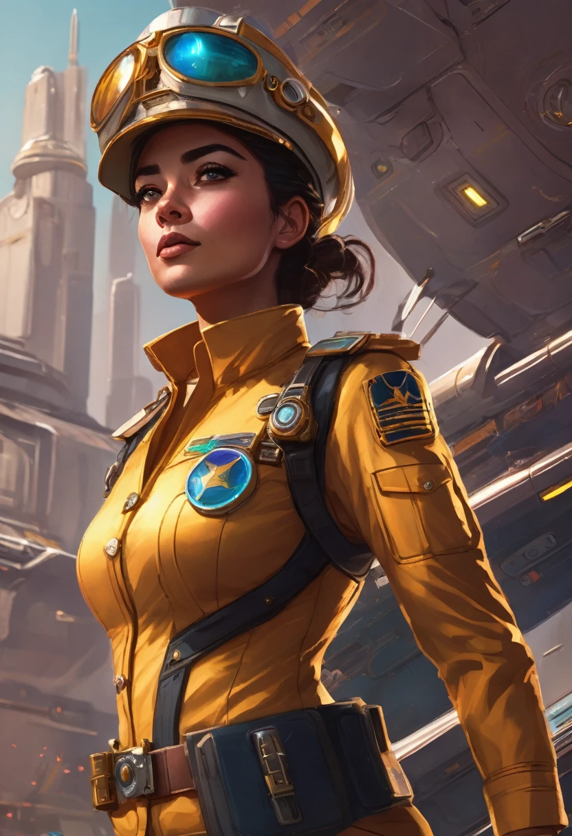 A confident female spaceship captain with a sharp wit and a love for adventure. She wears a tailored uniform with brass buttons and a ray gun holstered at her hip.