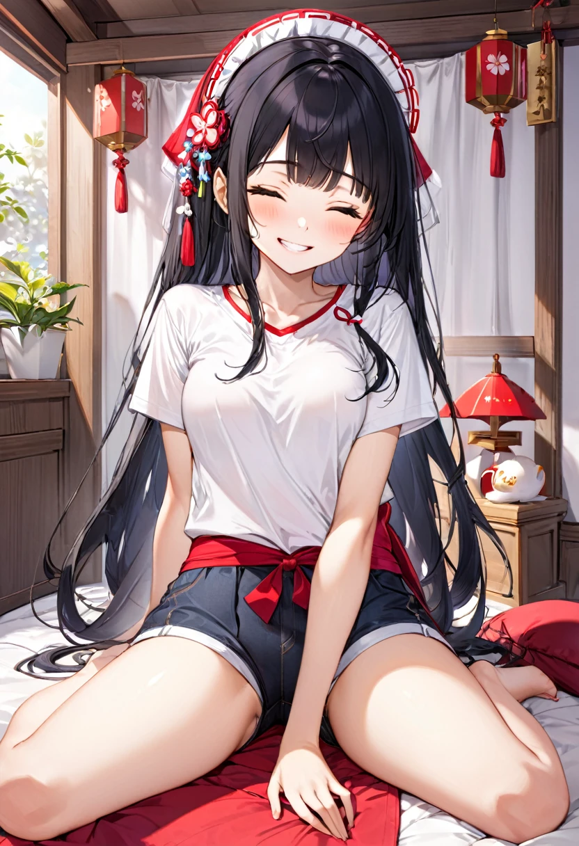 (Ladylike style) (sitting, spread legs, crossed ankles:1.2), (soro:2, 15 yo, blunt bangs:1.3 black hair long hair sexy shrine maiden girl, sexy closed eyes, grin smile, love smile, medium:1.3 tits), in a summer T-Shirts, hot pants, break, in the cute bedroom, BREAK, perfect anatomy, masterpiece, best quality, 16k, beautiful detailed grow, daydreaming expression.