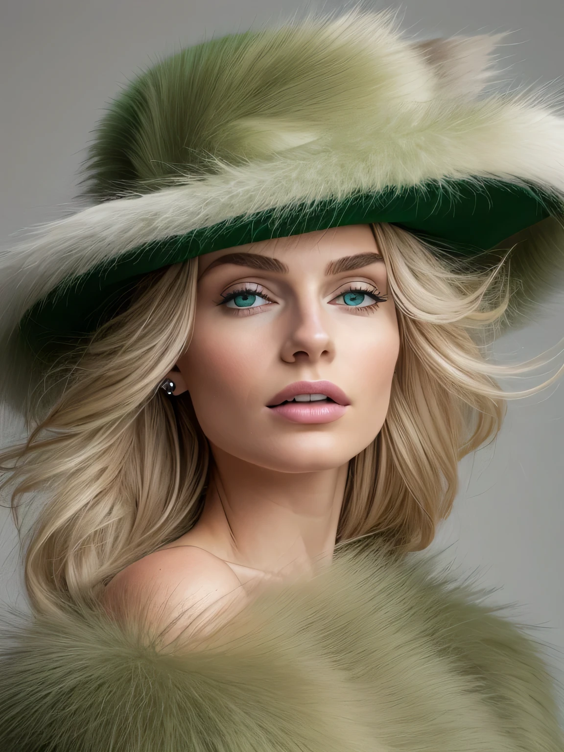 a close up of a woman wearing a light green hat and earrings, sleek dark fur, light green skin, Russian style, very beautiful skin, thin skin, Dasha Taran, dark fur, skin details, top hats, anastasia ovchinnikova, light green hat, synthetic fur, Elena Belova, wearing a top hats, Yulia Gorokhova,Beautiful maturation, ((Scrawny, )), fotrealisitic, fot, work of art, realisitic, 真实感, fot真实感, hight contrast, fotrealisitic digital art trending on Artstation 8k HD high definition be familiar with realisitic, be familiar with, texture skin, hyper be familiar with, realisitic texture skin, armour, highest quallity, 超high resolution, (fotrealisitic:1.4),, high resolution, be familiar with, Close-up, sharp focus, (1 girl, European girl, Featured Models), realisitic skin, (Scrawnyな体型), Platinum side shorthair, highly detailed hair, 精致的面容, Glossy lips,