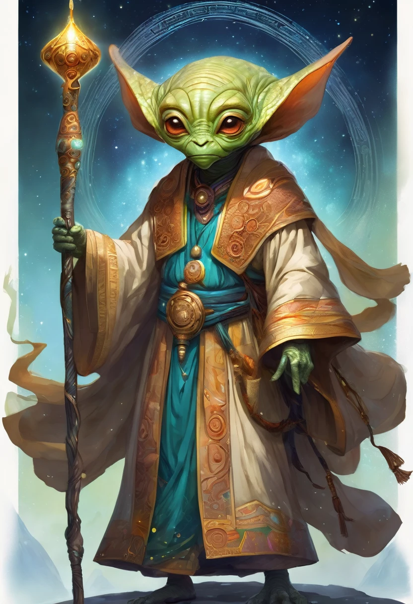 A wise and benevolent alien ambassador with a wrinkled face and luminous eyes. He wears flowing robes adorned with intricate symbols and carries a staff that emits a soft glow.