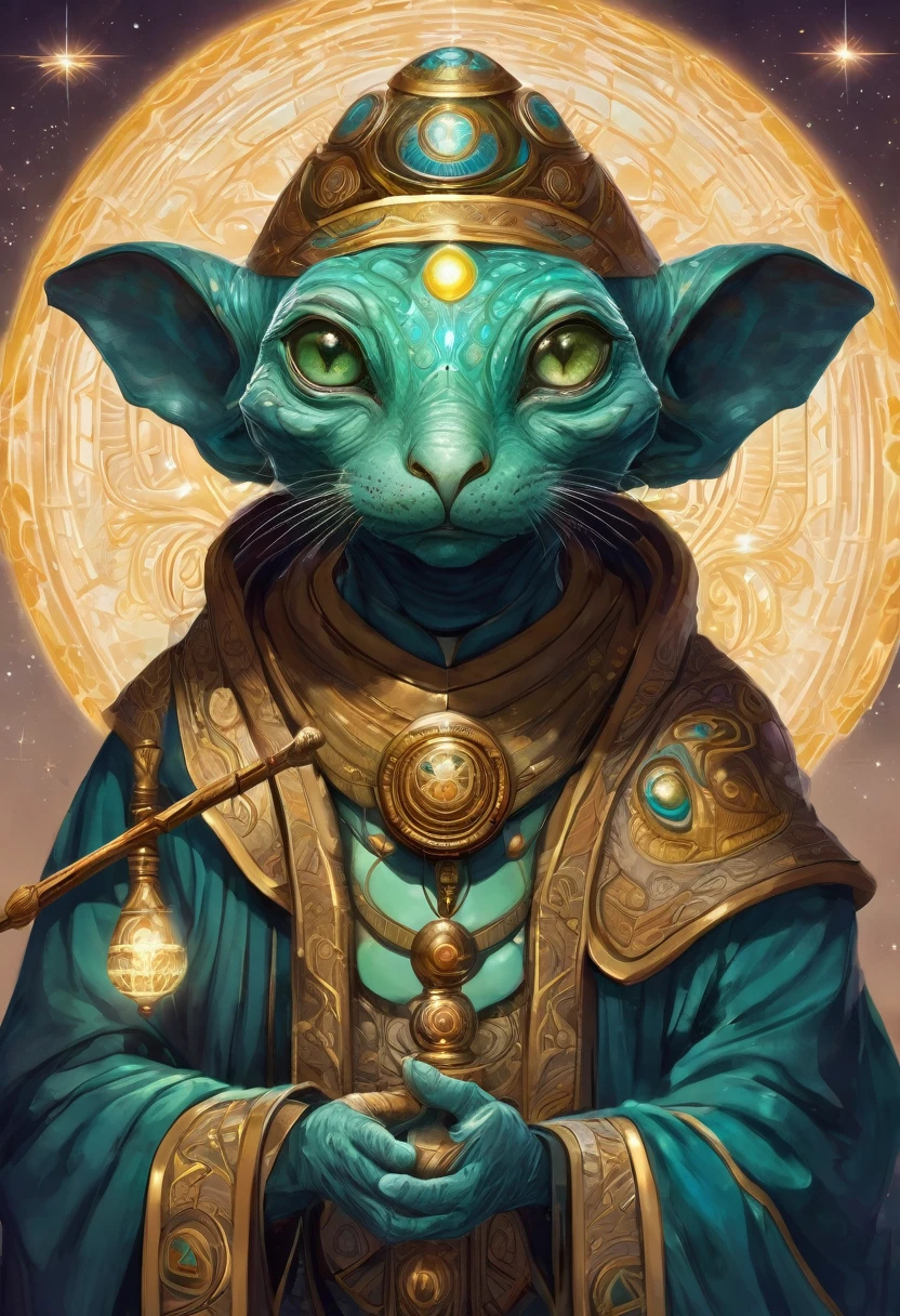 A wise and benevolent alien ambassador with a wrinkled face and luminous eyes. He wears flowing robes adorned with intricate symbols and carries a staff that emits a soft glow.