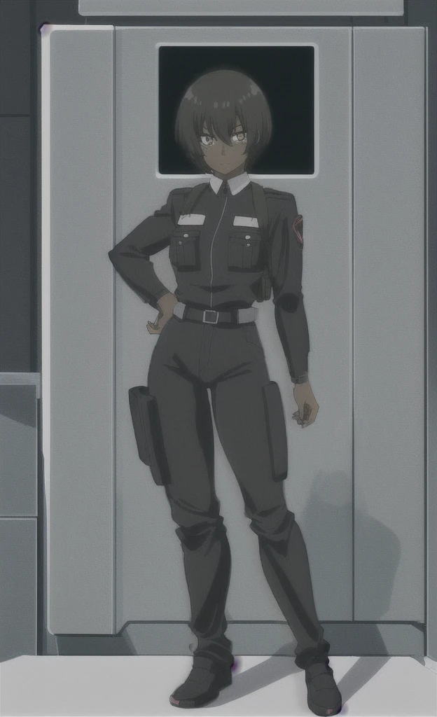 90s anime fully grown black skinned woman with short hair wearing a swat uniform full body