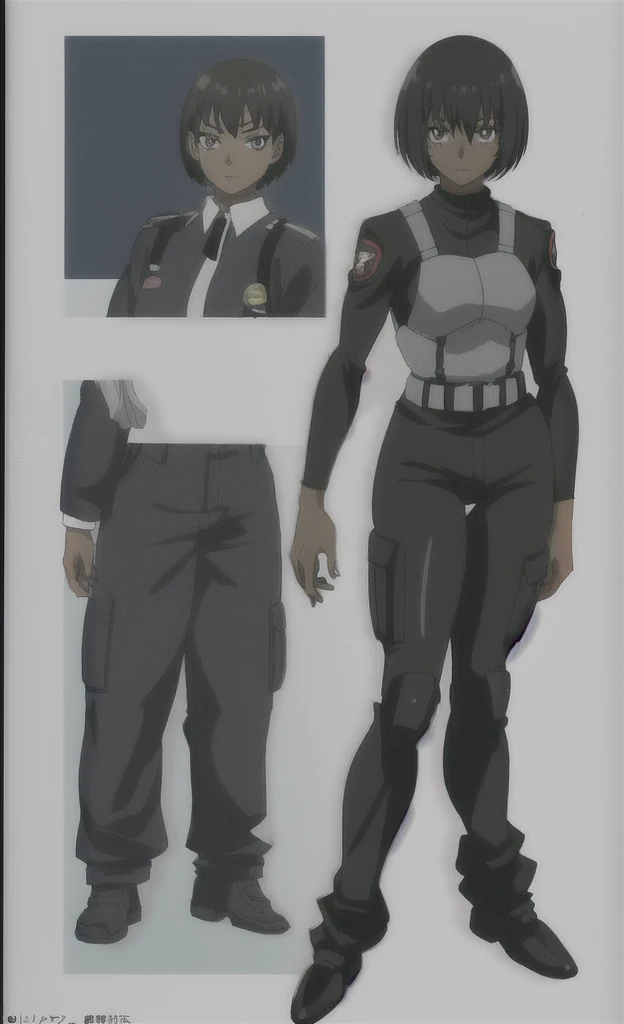 90s anime fully grown black skinned woman with short hair wearing a swat uniform full body