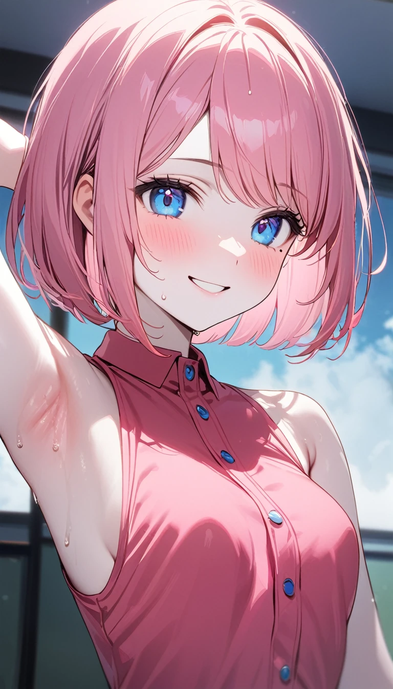 (1 girl),(Best Picture Quality, 8K, Masterpiece:1.3), (high school student:1.5), ((pink lob hair:1.1)), (bob cut),(swept bangs), (cute eyes, pupil black, iris skyblue, youthful face), (mole under right eye), (standard weight), (small breasts), (glistening skin:1.1),(pale skin:1.2),((showing armpits)),((sleeveless shirt)),(Smile),(sweat),((fog skin:1.1)),