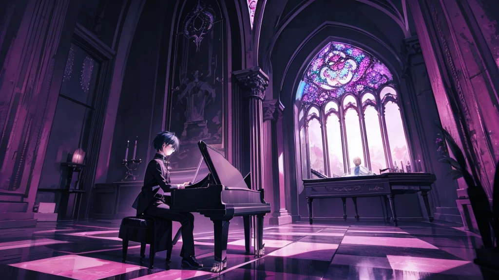 gothic boy playing the piano in a psychedelic landscape alone 