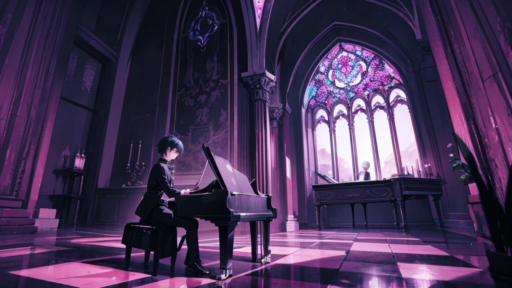 gothic boy playing the piano in a psychedelic landscape alone