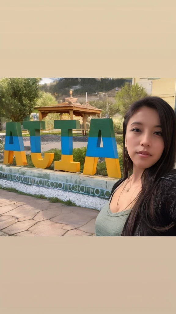 arafed woman standing in front of a sign that says aloh, ayahausca, 🤠 using a 🖥, profile picture, avatar image, Julia Fuentes, alanis guillen, Beautiful Mexican woman, latina, lorena avarez, rosalia villa y tobella, 1614572159, with mountains in the background