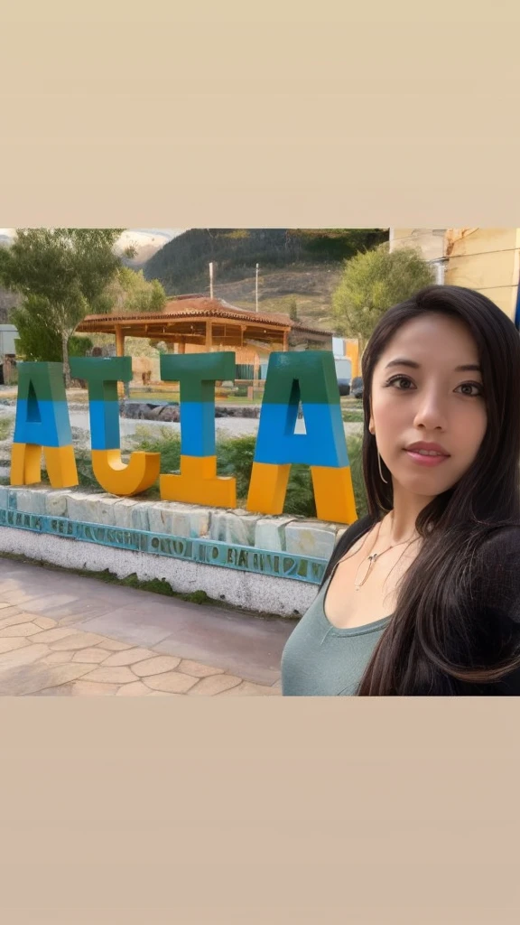 arafed woman standing in front of a sign that says aloh, ayahausca, 🤠 using a 🖥, profile picture, avatar image, Julia Fuentes, alanis guillen, Beautiful Mexican woman, latina, lorena avarez, rosalia villa y tobella, 1614572159, with mountains in the background