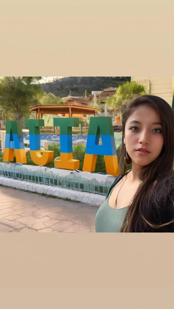 arafed woman standing in front of a sign that says aloh, ayahausca, 🤠 using a 🖥, profile picture, avatar image, Julia Fuentes, alanis guillen, Beautiful Mexican woman, latina, lorena avarez, rosalia villa y tobella, 1614572159, with mountains in the background