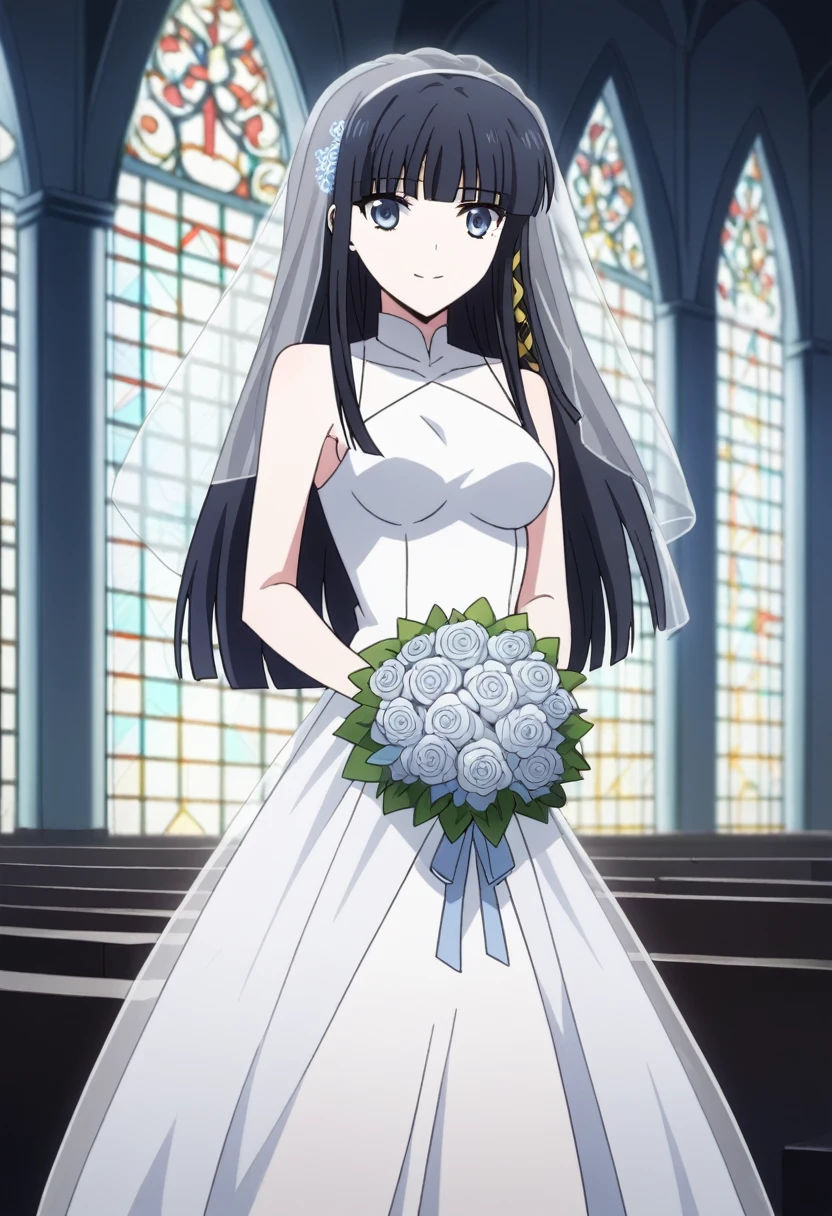 score_9, score_8_up, score_7_up, source_anime, miyukishiba, miyuki shiba, long hair, blue eyes, black hair, hair ornament, ribbon, hair ribbon, snowflake hair ornament, bangs, blunt bangs, holding, bare_shoulders, medium_breasts, blue_hair, standing, flower, :d, sleeveless, outdoors, white_dress, high_heels, see-through, white_footwear, veil, blue_theme, bouquet, wedding_dress, bridal_veil, holding_bouquet,church entrance, flower bouquet, stair, victoria church,(cowboy shot:1.5), BREAK (masterpiece:1.2), best quality, high resolution, unity 8k wallpaper, (illustration:0.8), extremely detailed face, perfect lighting, extremely detailed CG, (perfect hands, perfect anatomy),dynamic pose, smile