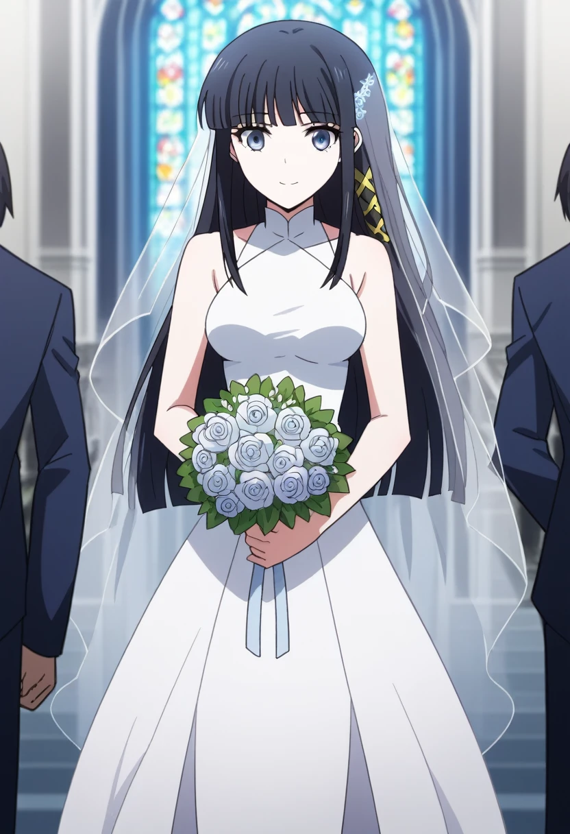score_9, score_8_up, score_7_up, source_anime, miyukishiba, miyuki shiba, long hair, blue eyes, black hair, hair ornament, ribbon, hair ribbon, snowflake hair ornament, bangs, blunt bangs, holding, bare_shoulders, medium_breasts, blue_hair, standing, flower, :d, sleeveless, outdoors, white_dress, high_heels, see-through, white_footwear, veil, blue_theme, bouquet, wedding_dress, bridal_veil, holding_bouquet,church entrance, flower bouquet, stair, victoria church,(cowboy shot:1.5), BREAK (masterpiece:1.2), best quality, high resolution, unity 8k wallpaper, (illustration:0.8), extremely detailed face, perfect lighting, extremely detailed CG, (perfect hands, perfect anatomy),dynamic pose, smile