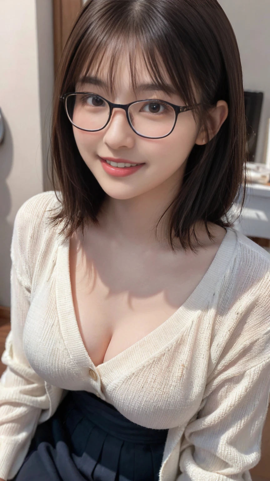 (Skin blemishes:1.2),1woman, 21 years old, (((woman))), (Skin Dentition), Gorgeous, solo, Realistic, Highest quality, Photorealistic, masterpiece, 8k, High resolution, solo, Highly detailed face,   passport photo, Full Face, (Professional Lighting、Bokeh Depth of Field), (Particles of light、Lens flare、Luminous Particles:0.6)、(Dynamic Pose:1.2)、Soft lighting、View from above、Fashionable and trendy atmosphere、((Look at the viewers))、 (looking at the camera)、(Portrait:0.6)、standing、Face close-up、(Mid-breasted:1)、(Short Bob)、Brown haired、Floating Hair、nose、Lips、lipstick、Black-rimmed glasses、A seductive smile、White shirt、Long skirt、Wear a cardigan、Wear black glasses、Inside the room、(((Big Tits 1.3)))