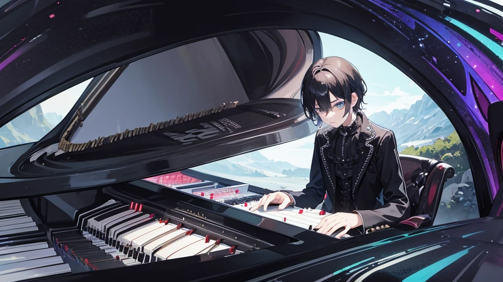gothic boy playing the piano in a psychedelic landscape alone