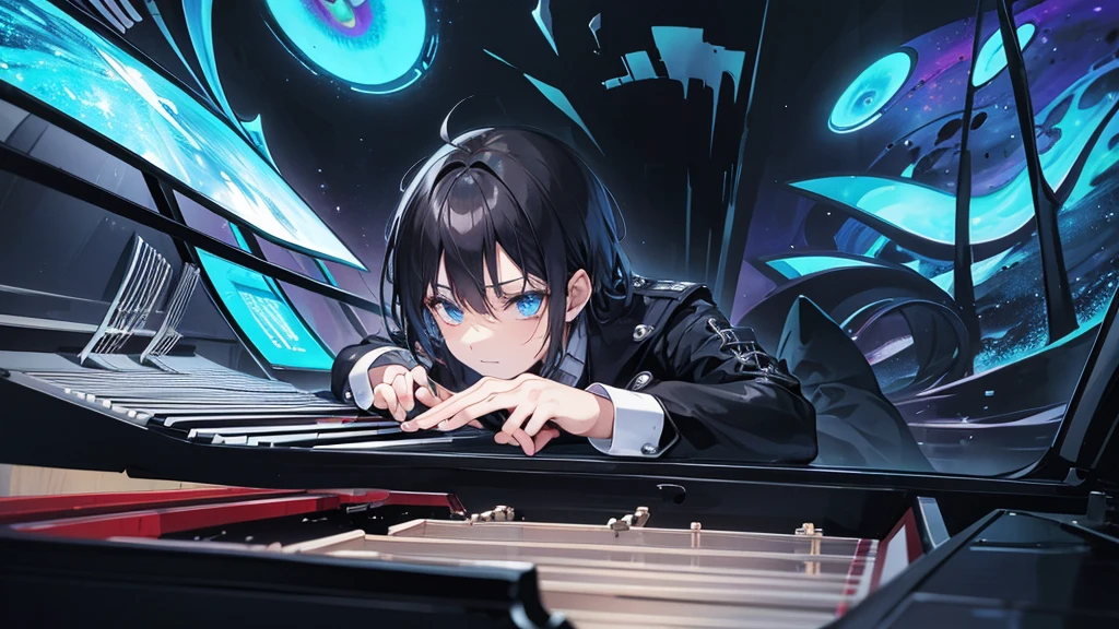 gothic boy playing the piano in a psychedelic landscape alone