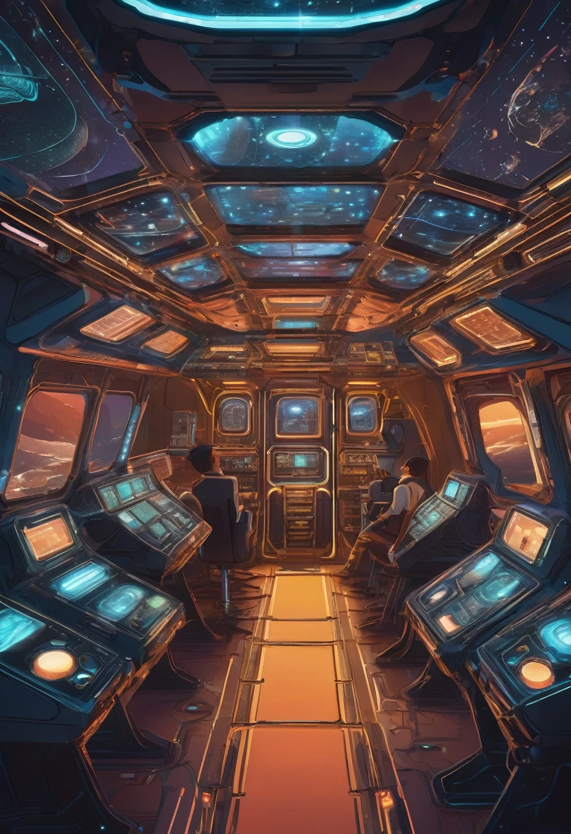 The bridge of a retro-futuristic spaceship, filled with glowing control panels, analog dials, and flickering screens. A crew of diverse individuals works diligently, monitoring the ship's systems and charting a course through the stars.