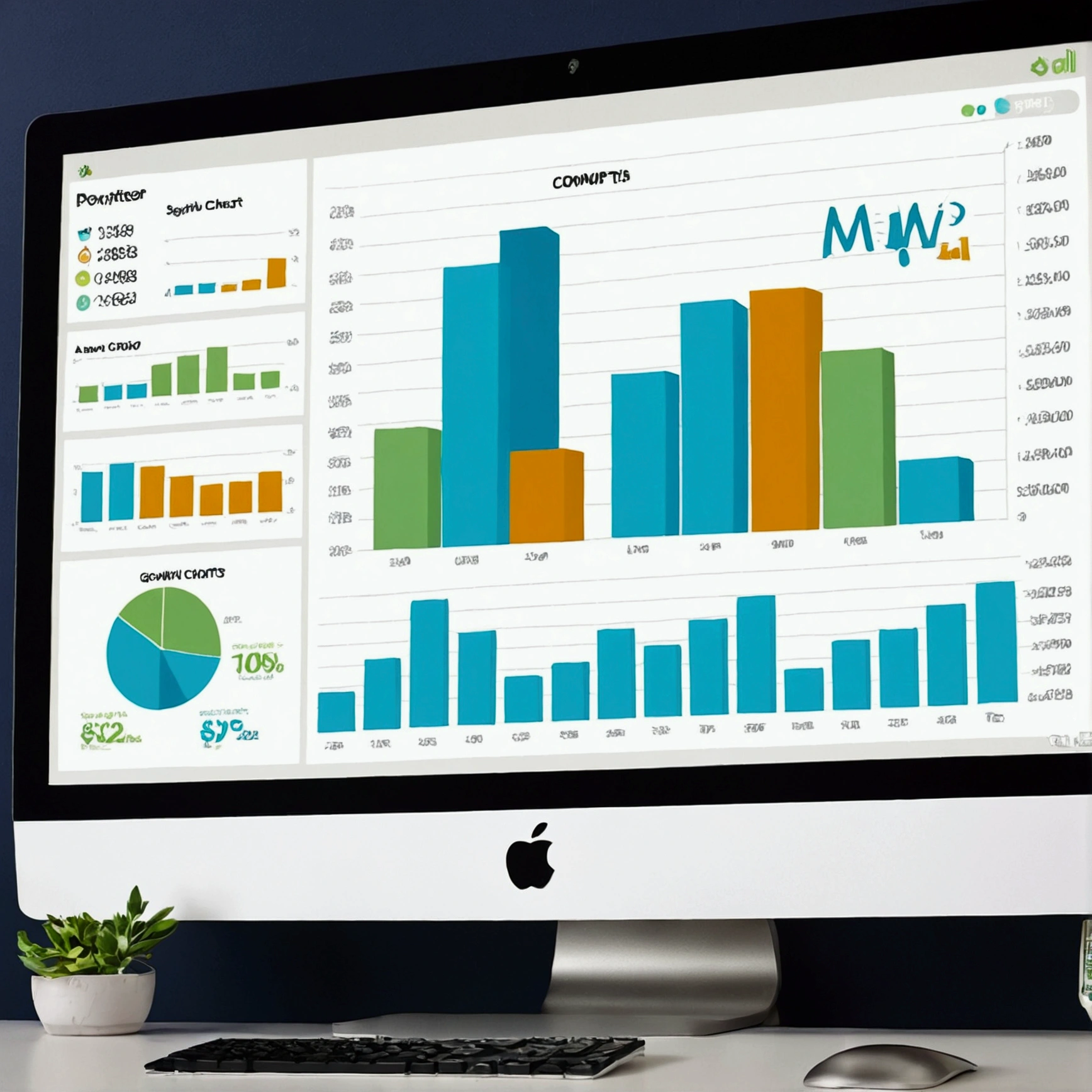 A computer screen with growth charts and money icons
