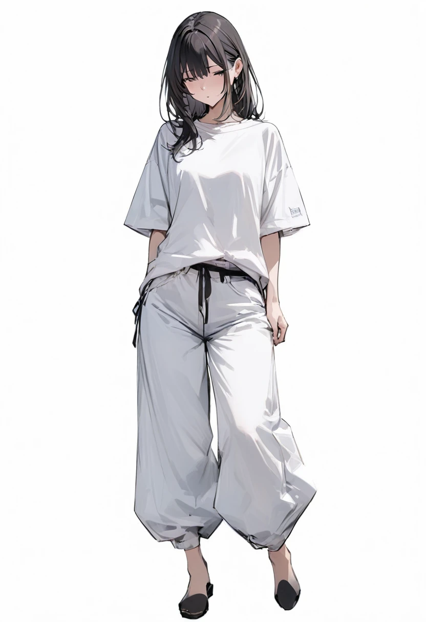 (masterpiece, Highest quality:1.2), girl、alone, Loose-fitting short-sleeved T-shirt, Relaxed wide pants , whole body, Simple Background, White background,