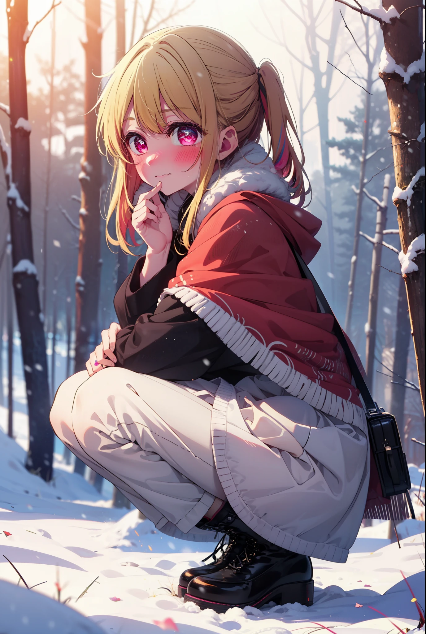 rubyhoshino, Hoshino Ruby, Long Hair, bangs, blonde, (Pink Eyes:1.3), Side Lock, (Symbol-shaped pupil:1.5), Multicolored Hair, Two-tone hair, smile,,smile,blush,white breath,
Open your mouth,snow,Ground bonfire, Outdoor, boots, snowing, From the side, wood, suitcase, Cape, Blurred, , forest, White handbag, nature, Squat, Mouth closed, Cape, winter, Written boundary depth, Black shoes, red Cape break looking at viewer, Upper Body, whole body, break Outdoor, forest, nature, break (masterpiece:1.2), Highest quality, High resolution, unity 8k wallpaper, (shape:0.8), (Beautiful and beautiful eyes:1.6), Highly detailed face, Perfect lighting, Highly detailed CG, (Perfect hands, Perfect Anatomy),