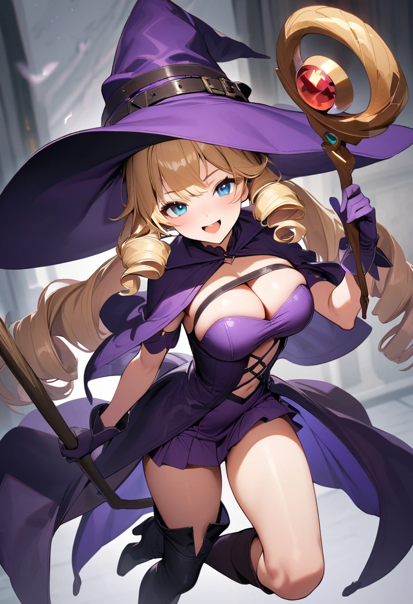 (masterpiece),(best quality),(ultra-detailed),(best illustration),(best shadow),(absurdres),(detailed background),(very aesthetic),1girl, solo, hat, blonde-hair, drill-hair, gloves, breasts, blue-eyes, witch-hat, thigh-boots, thighhighs, boots, elbow-gloves, open-mouth, staff, purple-headwear, smile, dress, full-body, simple-background, cleavage, large-breasts, looking-at-viewer, purple-dress, very-long-hair, purple-gloves, holding, purple-footwear, wand standing-on-one-leg, twin-drills, holding-staff, witch, black-footwear, puffy-sleeves