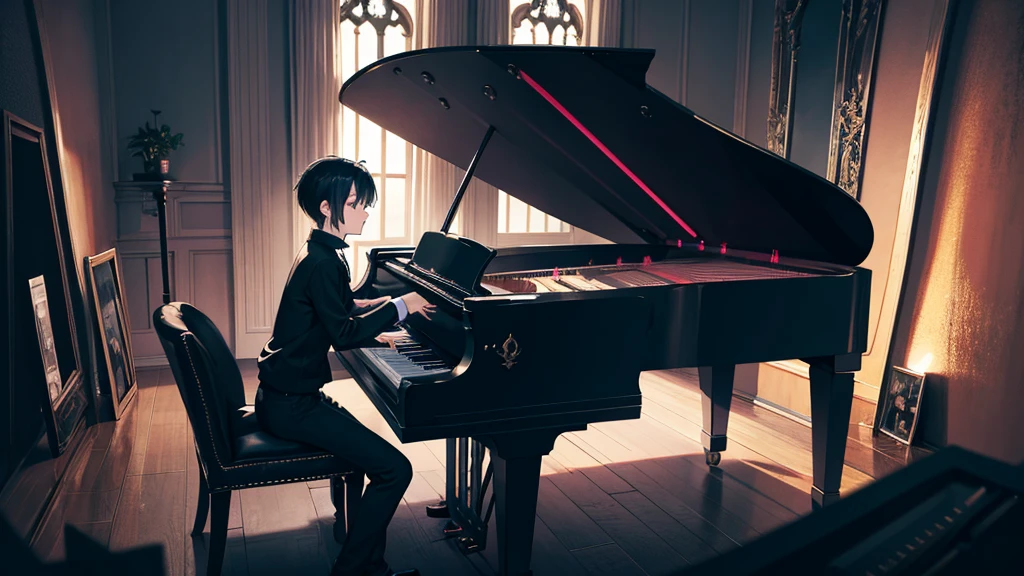 gothic boy playing the piano in a psychedelic landscape alone