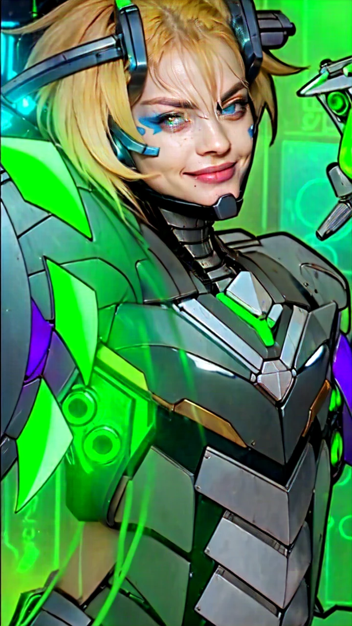 a portrait photography of harley quinn with ((blue and purple dyed unkempt and messy hair and (two top ponytails on both sides of the head:1.1)), (having bionic arms:1.5) from cyberpunk 2077 game, face tattos of card symbols, (maniacal grin showing teeth:1.1), holding a metallic high striker hammer, standing on top of building with a dystopian neon cyberpunk city, rugged looking, ((looking at viewer)), action pose, (wearing cyberpunk style ((red and blue chrome metallic transformers like suit))), perfect eyes,  perfect iris, identical eyes, identical iris, face to body proportion, golden ratio, symmetrical eyes, symmetrical iris, balanced eyes, sharp eyes, realistic eyes, perfect fingers,  