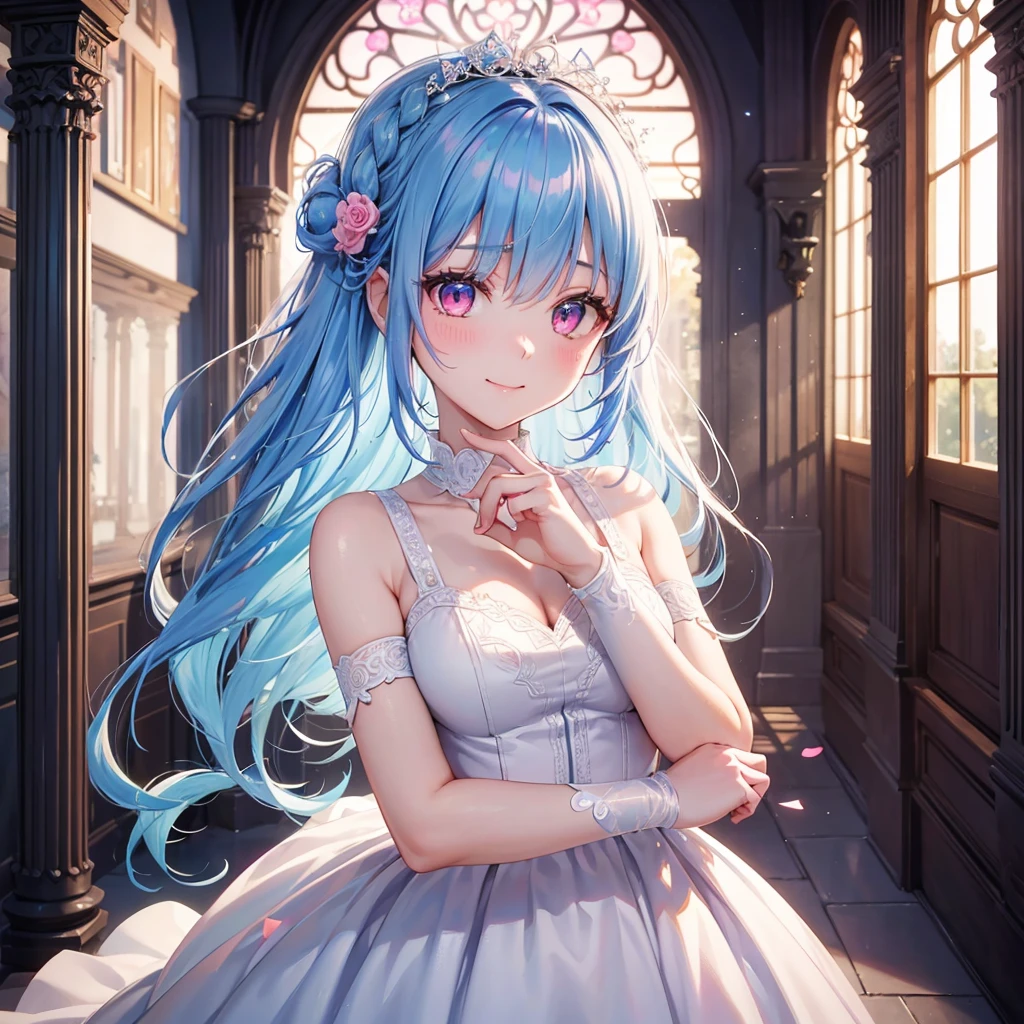 Sky Blue Medium Hair, (Braided Hair),(Pink Eyes),Fair skin ,(whole body),(1 girl),bride,smile、Straight bangs, 6月のbride,Wedding dress,(masterpiece, Highest quality, Very detailed, Best Shadow), (Detailed Background), (Beautifully detailed face), High Contrast, (Best lighting, Very delicate and beautiful), ((Cinematic Light)), colorful, Hyper Detail, Dramatic Light, Intricate details,Wedding hall,