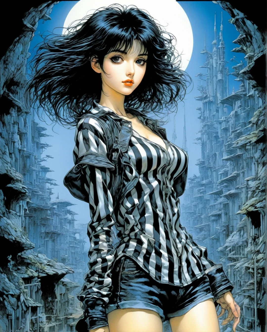 Art style by Yoshitaka Amano, Art style by Takato Yamamato, Art style by Ayami Kojima, (Masterpiece, Top Quality, Super Detail, High Resolution, Best Illustration), 1990s (style), 1980s (style), retro art style, Highest image quality, 90s style anime, Girl Gothic Striped Clothing Black Hair Tim Burton Style Comics 2D Grafit