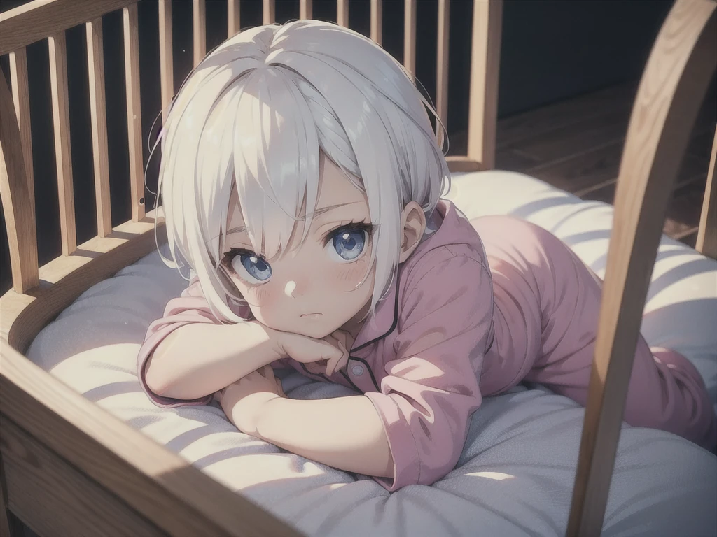 an anime image of a  boy with white hair wearing a thick diaper underneath a onesie pajama, sleeping in a crib, (1boy), masterpiece, extremely detailed, beautiful eyes, sharp focus, vivid colors, studio lighting, intricate details,
